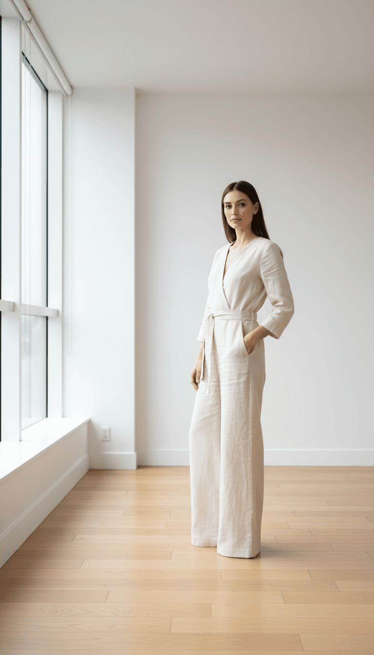 Mujer con jumpsuit elegante junto a ventana con luz cálida