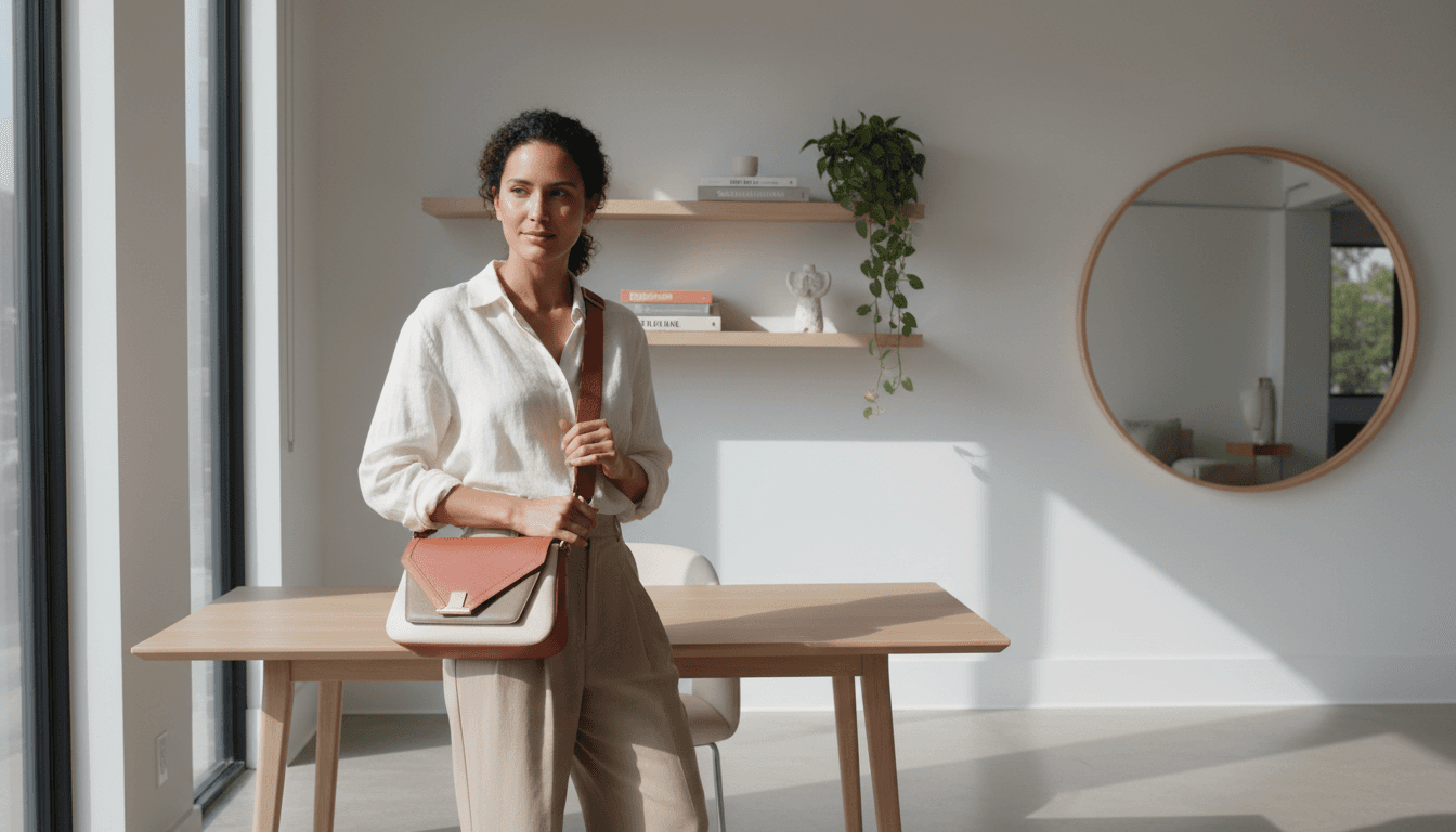Mujer con bolso de diseñador en espacio arquitectónico moderno