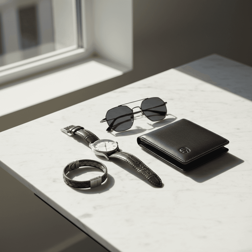 Accesorios de diseñador sobre fondo crema