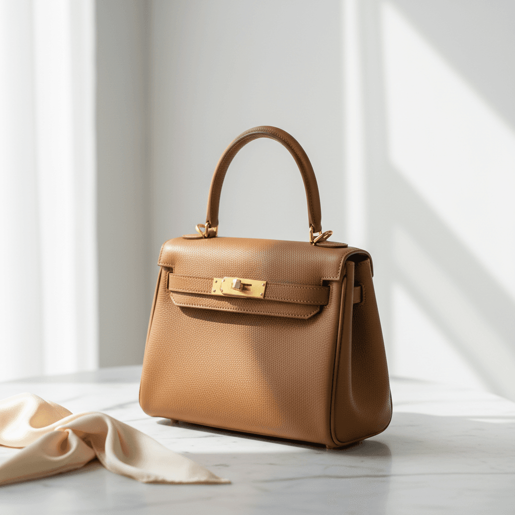 Bolsos y accesorios de diseñador exhibidos en una superficie elegante